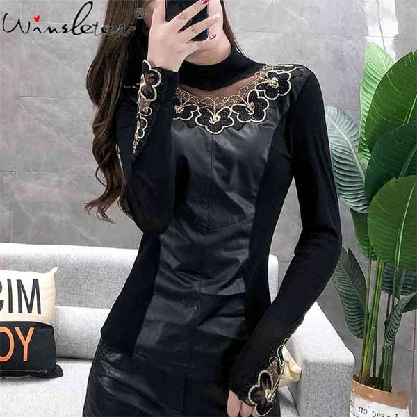 

european fashion mesh floral diamonded long sleeve women t-shirt spring/autumn pu faux leather t shirts feminina t07630b 210421, White