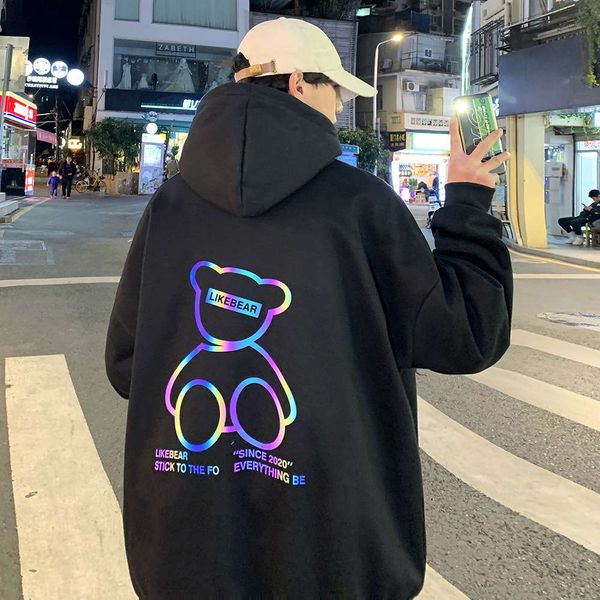 

spring men's hip hop cartoon bear luminous hooded sweater casual top, Black;brown