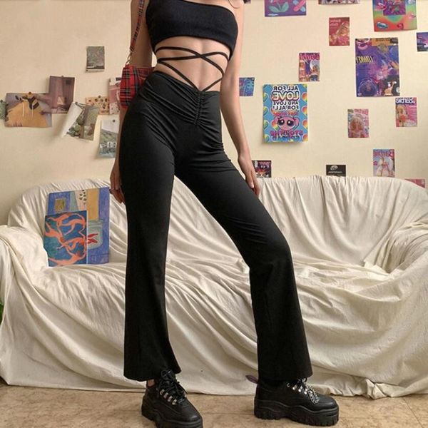 

women's pants & capris y2k women cross bandage lacing up high waist straight thin slim knitted streetwear female bottoms elastic trouse, Black;white