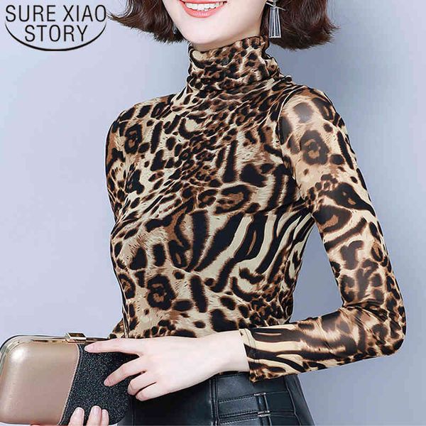 

autumn korean casual long sleeve turtleneck leopard blouse slim elegant fashion women clothing 6122 50 210415, White
