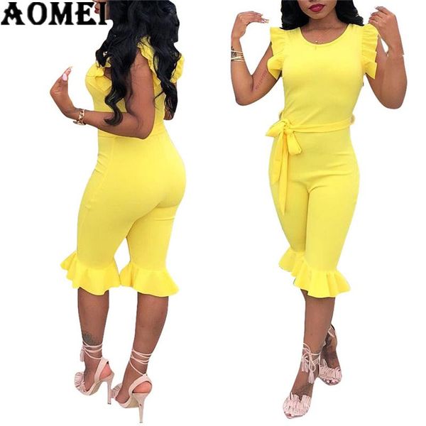 

women's jumpsuits & rompers women jumpsuit slim with wasit belt ruffles sheath casual fashion sleeveless knee length pants 2021 summer, Black;white