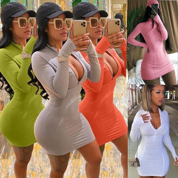 

casual dresses women zipper up long sleeve sport mini bodycon midi dress party bandage classic fashion vestidos, Black;gray