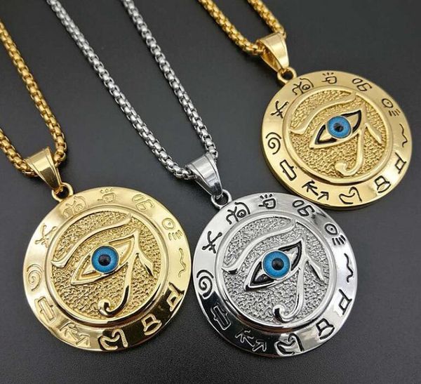 

ancient egypt the eye of horus pendant necklaces for women men vintage gold stainless steel round jewelry christmas gifts, Silver