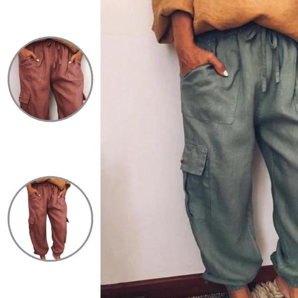 

women's pants & capris trendy multi pockets lace up women loose long skin-friendly elastic waist, Black;white