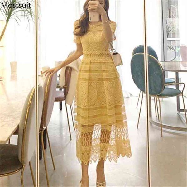 

summer fashion elegant long lace dress women plus size short sleeve hollow out ladies dresses korean robe femme 210513, Black;gray