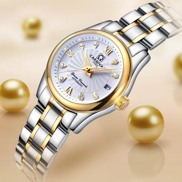 

wristwatches carnival switzerland sapphire mechanical women watches full steel ladies waterproof automatic watch kol saati, Slivery;brown