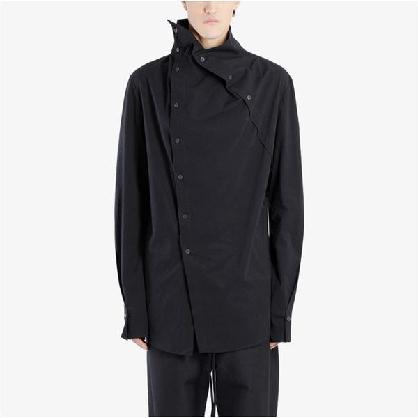 

men's casual shirts spring and autumn black double-breasted, irregular, high-necked, long-sleeved shirt with diagonal front, White;black