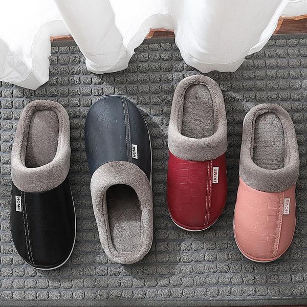 

slippers winter couples waterproof easy-clean pu leather warm indoor slipper home men women shoes faux fur, Black