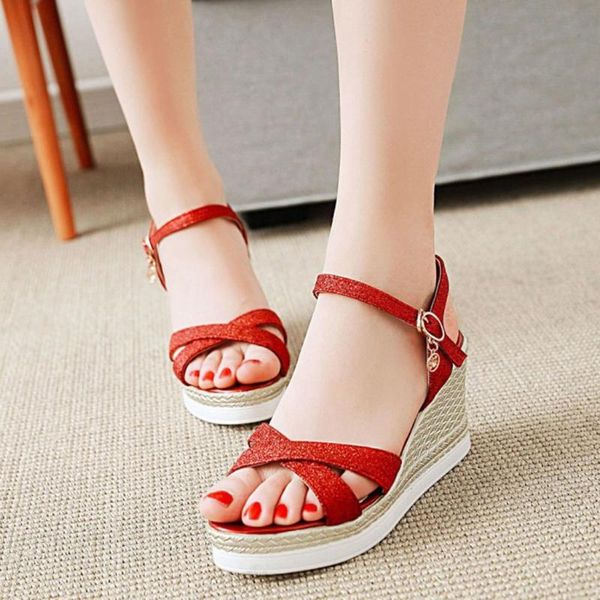 

women's heels high oversize sequins sandals banquet shoes wedge buckle casual ladies platform pumps sandalia feminina, Black