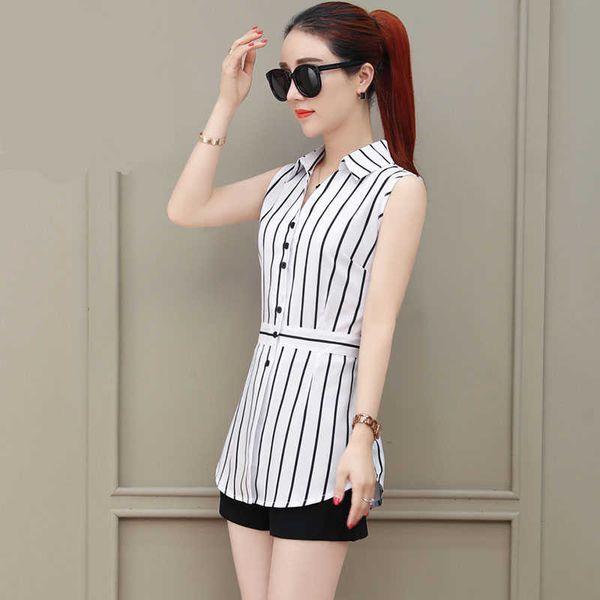 

women spring summer long style chiffon blouses shirts lady casual sleeveless striped turn-down collar blusas df1927 210609, White