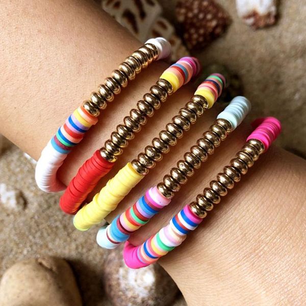 

5pcs boho cute rainbow enamel beads stretch bracelet colorful fashion multicolored tile mixed surf beach jewelry gift charm bracelets, Golden;silver