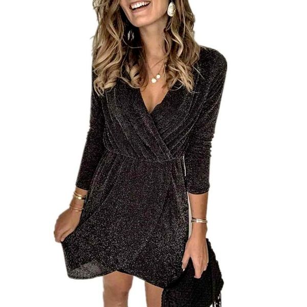 

casual dresses wrap short party dress plus size glitter women long sleeve sukienka v neck irregular hem formal elegant club wear, Black;gray