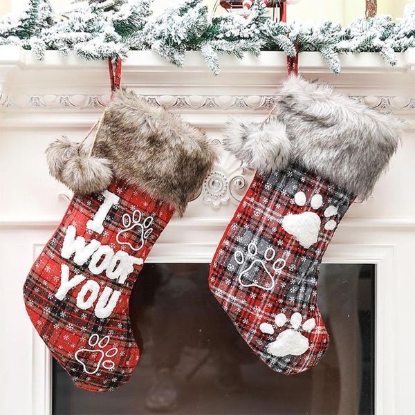 

christmas decorations stocking socks pet dog plaid decor linen machine embroidered year