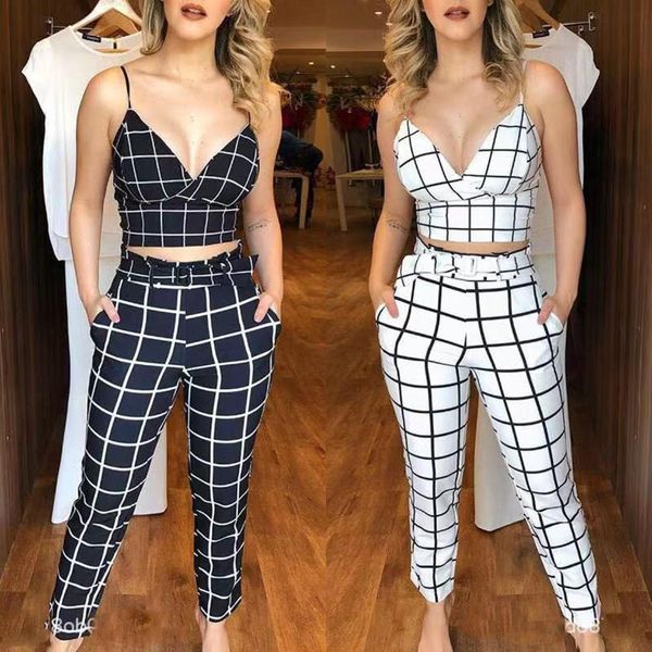

women's two piece pants knowdream gothic dress woman halter belt v-neck plaid nine-point trouser suit halloween costume, White