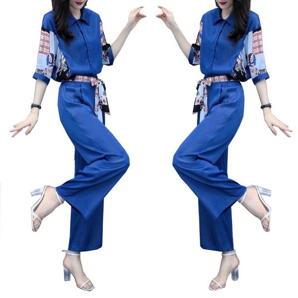 

pants suit women's 2021 ladies summer two-piece lady large size fashion printing 2-piece set shirt+wide leg c two piece, White