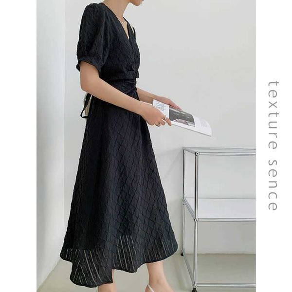 

texturence2021 summer korean v-neck pleated drs shows thin and simple mid long skirt female mnc366, Black;gray