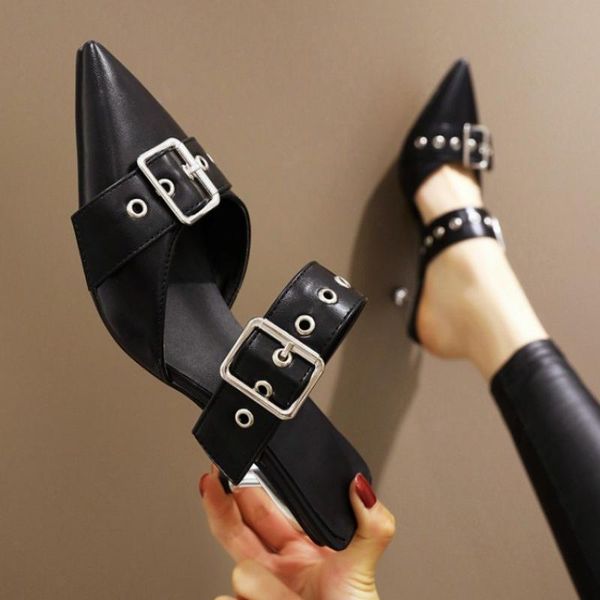 

shoes pointed toe rivet slippers casual loafers slides thin heels low heeled mules big size luxury cover high rome pu rubber, Black