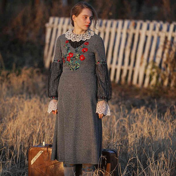 

casual dresses fall winter women vintage elegant slim lantern sleeve embroidery beadings lace long thick warm knitted lus3, Black;gray