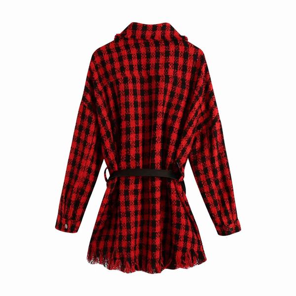 

red long sleeve women blouses shirts autumn women's clothing with belt plaid shirt jacket, White