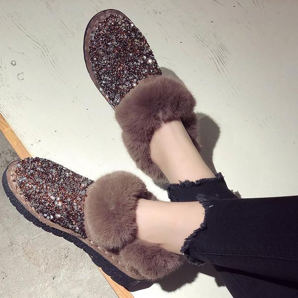 

boots shiny glitter chunky platform ankle for women fashion flat heel warm plush snow woman non slip botas mujer, Black