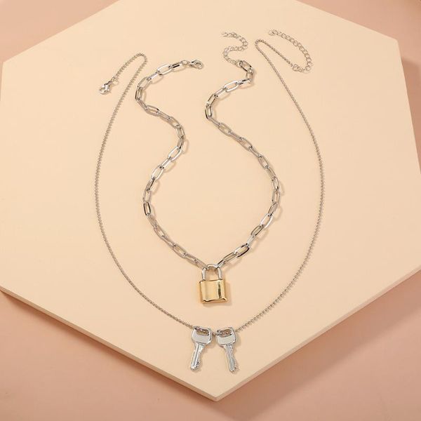 

pendant necklaces fashion summer products beach retro wild necklace hip hop lover lock multi-layered wearing female, Silver
