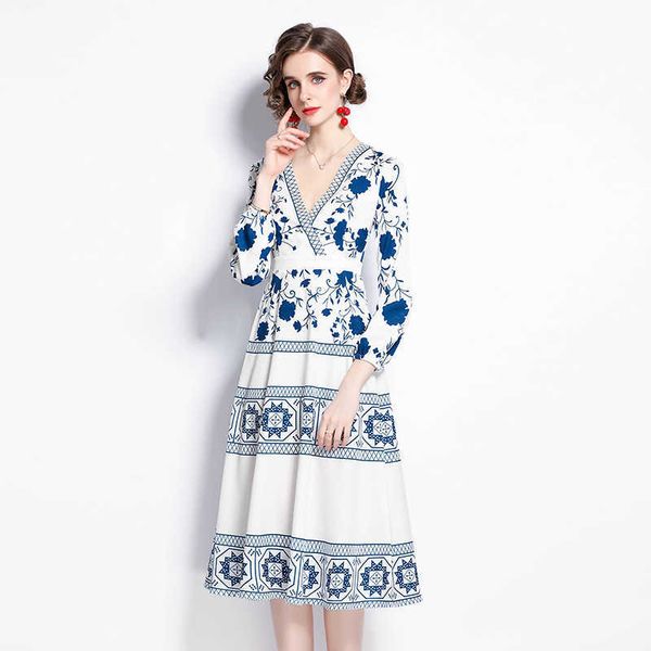 

women summer designer elegant blue and white porcelain printing v neck party robe female vintage long sleeve dress vestidos 210525, Black;gray