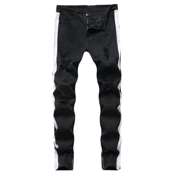 

men's jeans foot zipper decoration pants fashion simple trend knee holes slim body tight stretch in the waist, Blue