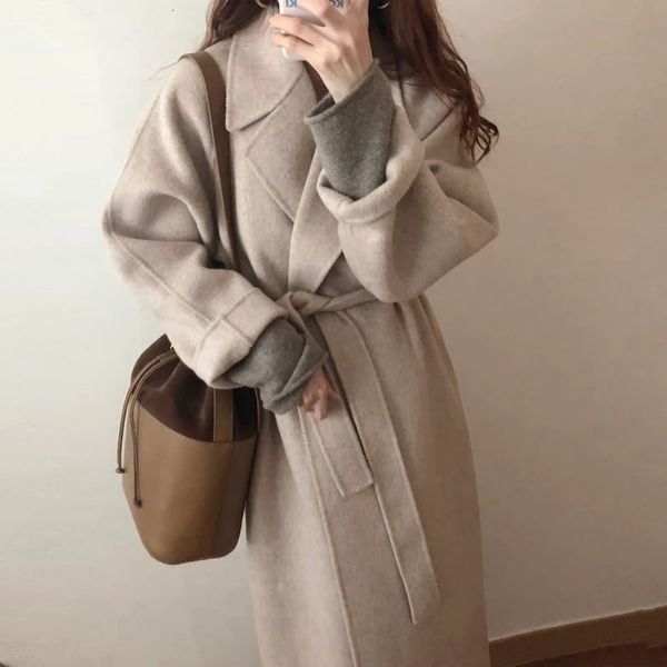 

women's trench coats 2021 spring elegant ladies wool lapel long retro solid coat warm thin empire with belt, Tan;black