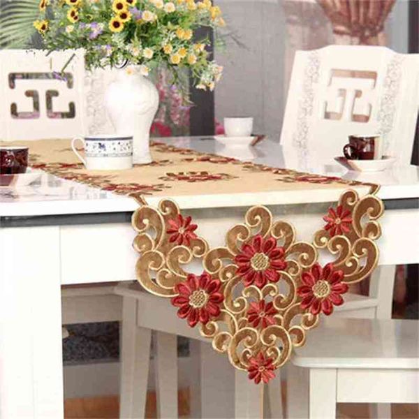 XT Europäische Tischläufer-Stickerei, eleganter Stoff, Organza-Stoff, bestickt, rustikale Läufer, Hochzeitsdekoration, Bezug 210708