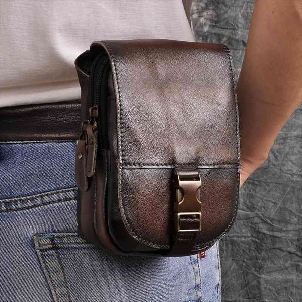 

real leather cowhide retro waist bags men design casual daily use small fanny belt bag hook pack fashion 6" phone