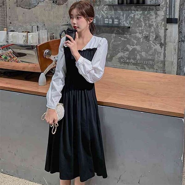 

women's spring autumn dress french retro v-neck stitching long-sleeved waist slimming female es ll927 210507, Black;gray