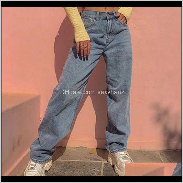 

womens clothing apparel drop delivery 2021 fashion high waist loose women casual straight pants comfortable plus size mom jeans washed boyfr, Blue