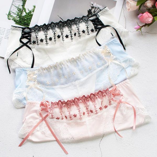 

women's panties silk slip japanese milk fiber underpants fairy embroidery woman sweet lolita pure cotton crotch ventilation briefs, Black;pink