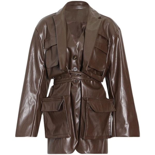 

[ewq] female spring fashion coats vintage minimalist blazer 2021 women long sleeve tunic patchwork pocket casual brown suit women's sui, White;black