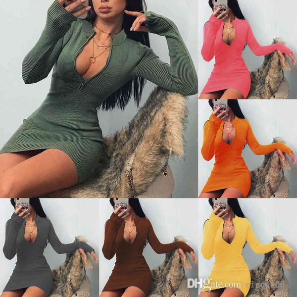 Mulheres vestidos desenhista magro cor sólida outono inverno tendência nova manga longa vestido versátil decote zipper envoltório quadril fashion saia