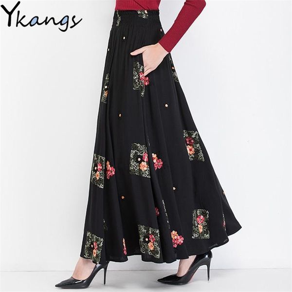 Vintage Outono Algodão Linho Plus Size Mãe Preto Saia Longa Mulheres Elásticas Cintura Alta Bordada Saias Femininas Pocket Roupas 210421