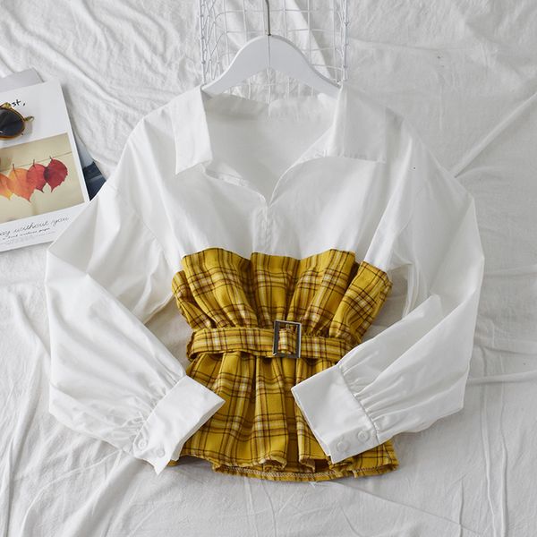 

women's blouses & shirts lady slim fit plaid shirt women korean long sleeve high waist splicing vintage fashion clothing blouse to, White