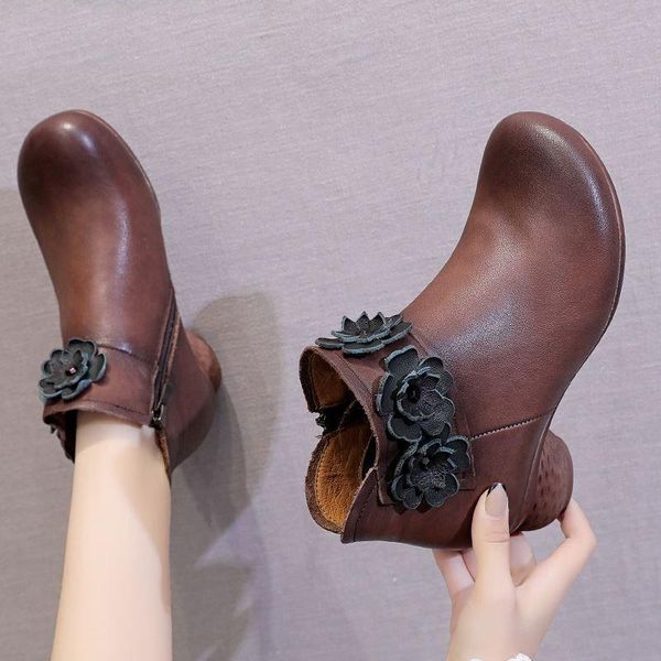 

boots 2021 autumn winter floral women genuine leather thick heels ankle for shoes retro flower zipper short, Black