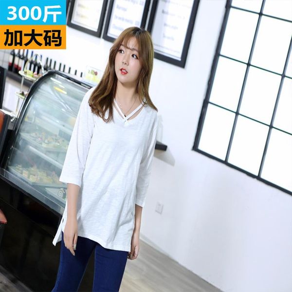 

slub cotton mid-length t-shirt women's fashion solid color side slit 3/4 sleeve bottoming shirt, White