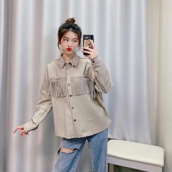

vintage women jackets 2021 fashion oversized frayed with fringe denim jacket coat long sleeve tassel female outerwear chic women's, Black;brown