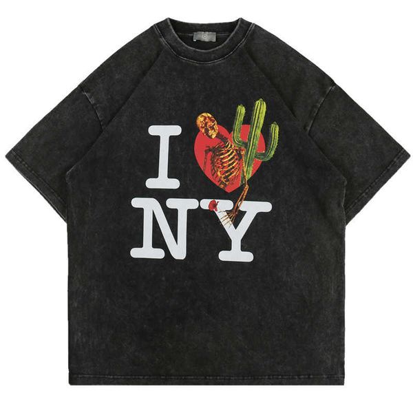 

men's t-shirts trendy brand travis scott hip hop street love cactus print wash old loose short sleeve t-shirt for men, White;black