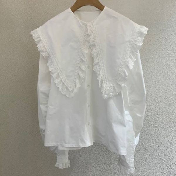 

spring women fashion cute sweet blouse single breasted ruffles collar long-sleeved white minimalist loose shirt 8y169 210510