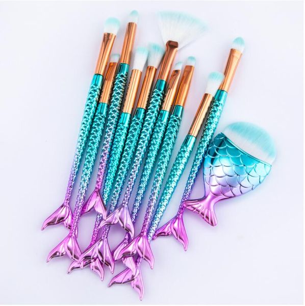 

mermaid makeup brushes, 11pcs professional cosmetic set foundation face powder eyeshadow blending blush brush color cosmetics kits
