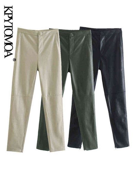 

kpytomoa women fashion hem zips faux leather skinny pencil pants vintage high waist zipper fly female ankle trousers mujer 211124, Black;white