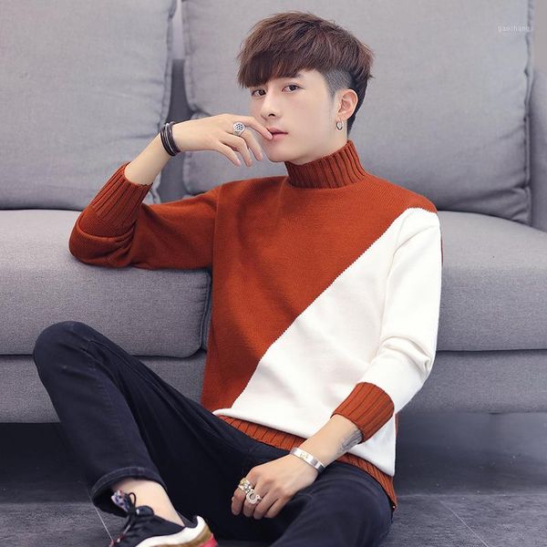 

men's sweaters 2021 winter high neck thick warm sweater men turtleneck brand patchwork mens slim fit pullover knitwear male1, White;black