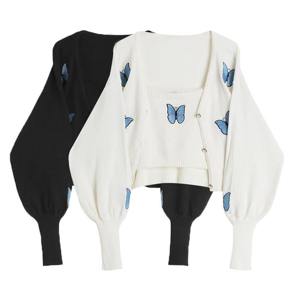 

women's knits & tees sweater cardigan crop korean autumn slim-fit inner strap small vest + embroidered butterfly knitted two-piece fema, White