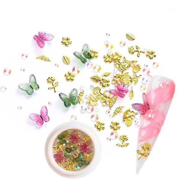 

box nail art 3d decorations metal leaves rose flat back rhinstones resin butterfly mixed diy manicure designs accessories1, Silver;gold