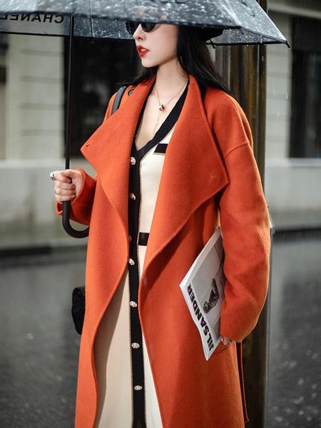 

women's wool & blends 2021 orange high-end lace double-sided cashmere coat autumn and winter mid-length, Black