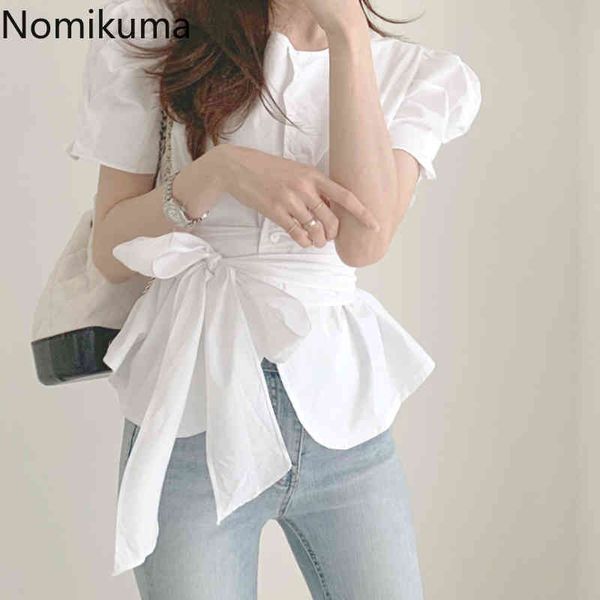 

nomikuma korea chic summer puff sleeve blouses bow bandage slim waist elegant shirt single breasted summer blusas 6g645 210427, White