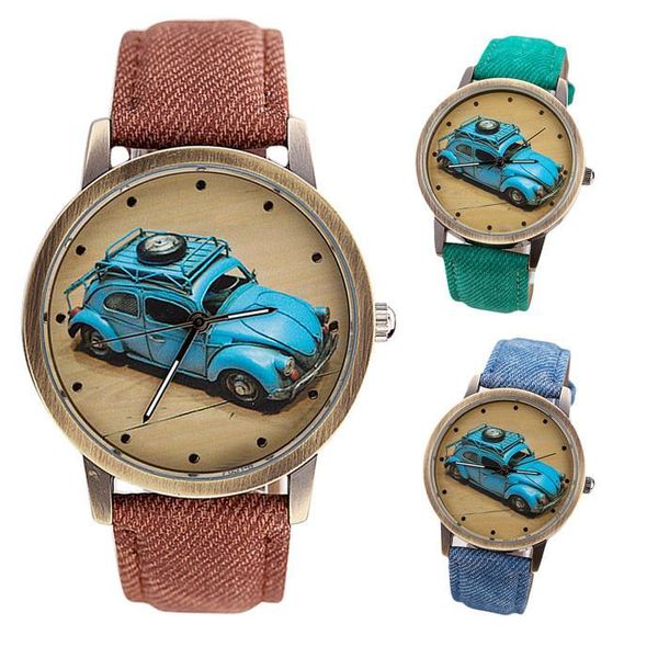 

wristwatches retro fashion men and women watches car pattern denim twill strap mens quartz wristwatch casual clock gift relogio masculino /d, Slivery;brown